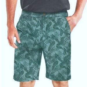 BERKLEY JENSEN Mens Sz 38 Tropical Teal Green Leaf Print Shorts Flat Front